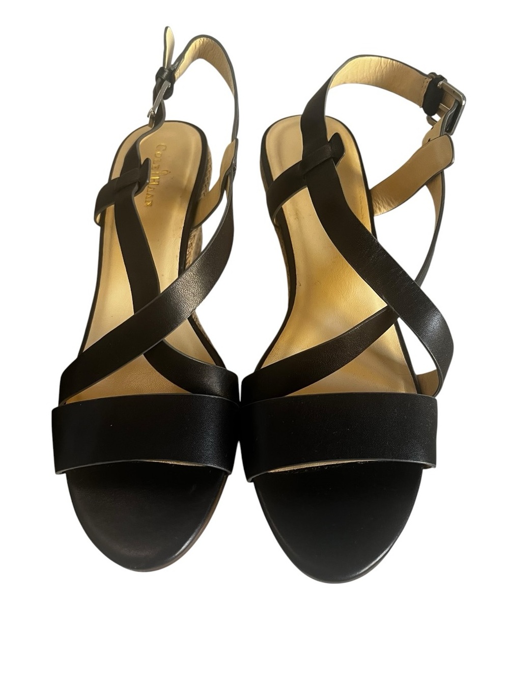 Cole Haan Black Taylor Leather Espadrille Wedge Strappy Sandals Sz 7.5